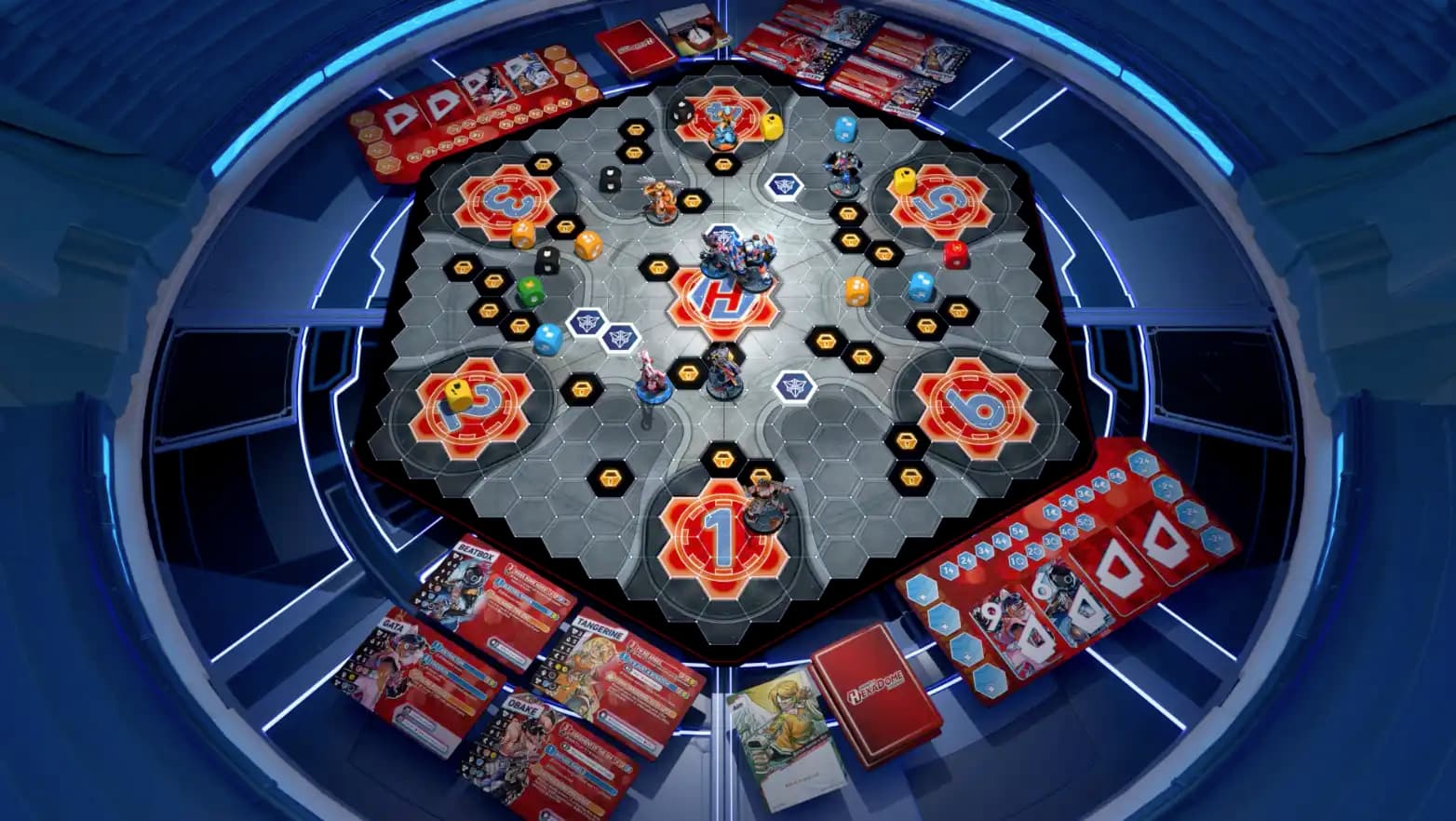 Hexadome Legends board game overview with board, cards and miniatures